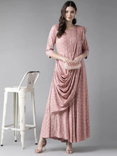 Pink & Golden Printed Maxi Dress With Attached Dupatta-AHKUPRGP-846